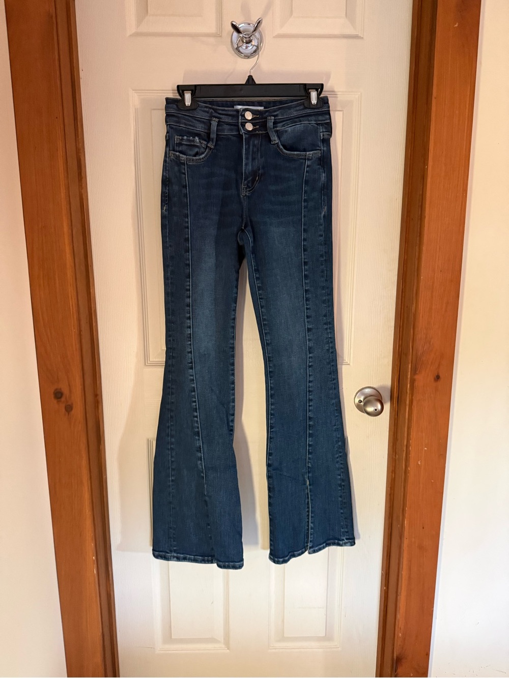 High-Rise Dark Blue Flare Jeans with front slit